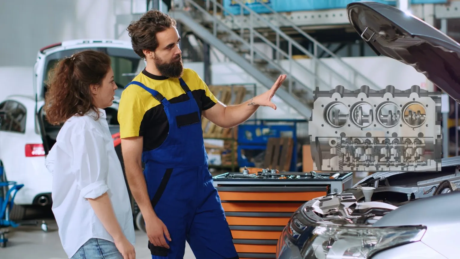 Technician explaining engine diagnostic findings to a customer